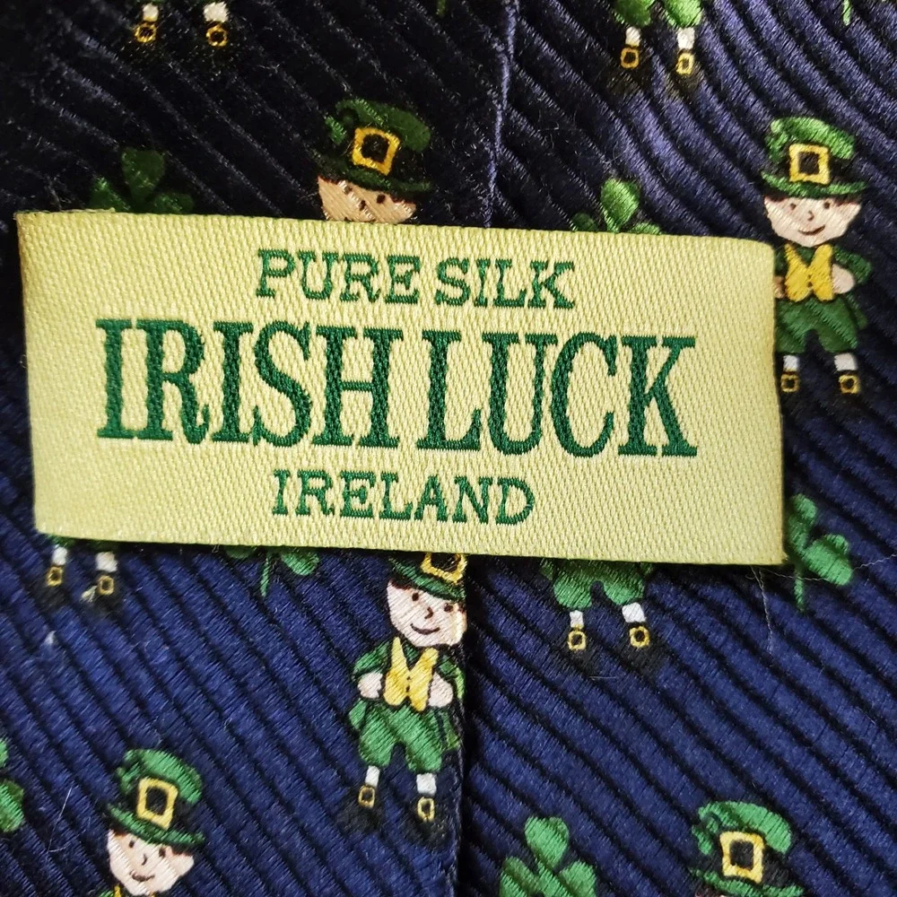 Irish Luck Ireland Pure Silk Tie Navy Blue Leprechaun Shamrock St Patricks Day